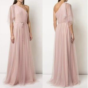 Marchesa One-Shoulder Handkerchief Flutter Sleeve Gown